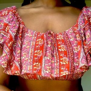 Paisley off-the-shoulder ruffled bandeau top